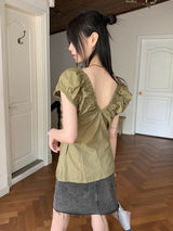 Blong V-Neck Shirring Pleated Puff Short-Sleeved Blouse