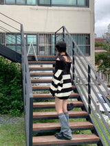 Dolche Boxy Striped Off-Shoulder Long-Sleeved Knitwear