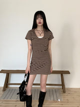 ローナビンテージストライプカラー半袖ミニワンピース/ Rona Vintage Stripe Collar Short Sleeve Mini One Piece