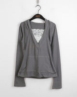 Rti Vintage V-neck Lace Hooded Long Sleeve T-shirt