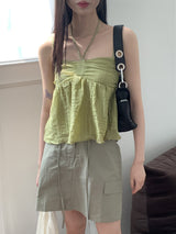 リンティーシフォンリネンフレアホルターリボンストラップノースリーブ / Linty chiffon linen flare holter ribbon strap sleeveless