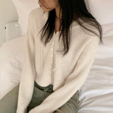 Laini button crop long sleeve hoodie knit cardigan