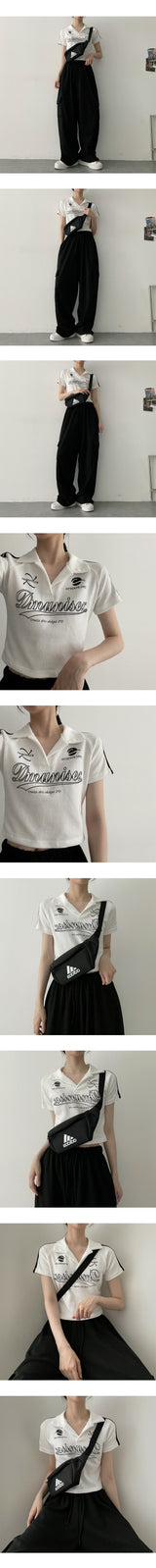 デノカラードラインカラークロップドショートスリーブTシャツ / deno colored line collar cropped short sleeve T-shirt