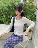 Riple Halter Layered V-Neck Cropped Long-Sleeved T-Shirt