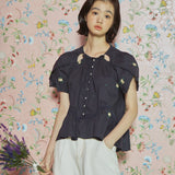 フラワー ラップ スリーブ ブラウス / [LINE] Flower Wrap Sleeve Blouse (Navy)