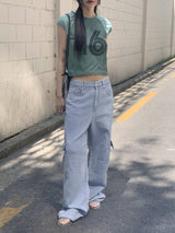 ビソップサマーフードファブリックワイドカーゴデニムパンツ / Bisopp Summer Hooded Fabric Wide Cargo Denim Pants