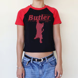 CAT BUTLER RAGLAN CROP T-SHIRT (BLACK)