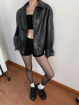 Collar boxy round leather jacket
