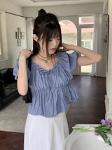 Tizen ribbon shirring puff flare crop denim short-sleeved blouse