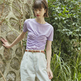 シャーリング トップ レイヤード Tシャツ / [LINE] Shirring Top Layered T-Shirt (Lavender)