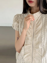 シャーリングパフ半袖ジップアップジャケット /Stella coloring shirring puff short-sleeve zip-up jacket