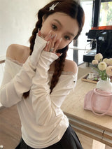 レースオフショルダー長袖Tシャツ