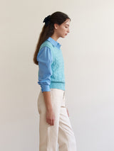 V NECK CABLE KNIT VEST BLUE