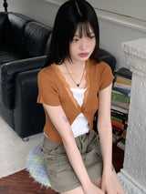 コシットレースボタンVネッククロップド半袖カーディガン / Cosit lace button V-neck cropped short-sleeved cardigan