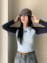 シマナグランストラップカラーコンビネーションクロップドフードTシャツ