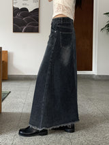 マーブルボタンポケットAラインロングデニムスカート/Muffled button pocket A-line long denim skirt