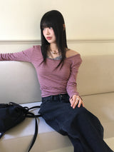 GtelヴィンテージストライプディープUネック長袖Tシャツ