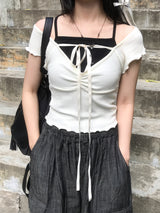 ロマンティックラブリーリボンチョーカーフリルリブドTシャツ