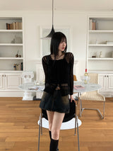 Raon see-through damage corset long sleeve crop knit