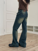 インフィレトロウォッシュインシジョンヒッププリントブーツカットデニムパンツ/Infi Retro Washing Incision Hip Printing Bootcut Denim Pants