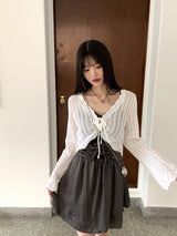 ランコフェスティバルシャーリングプリーツリボンミニワンピース / Lang Co Festival Shirring Pleated Ribbon Mini One Piece