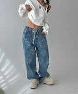 Flower string denim wide pants