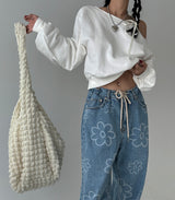 Flower string denim wide pants