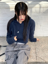 ダルツイストVネックロングスリーブフーデッドニット