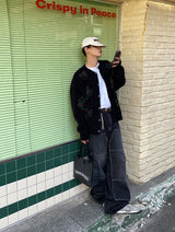 ダブルニーブラックデニムワイドパンツ