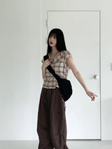 テユストリングシャーリングリネンチェックフードシャツカミス / Teyu String Shirring Linen Check Hooded Shirt Camis