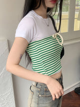 ストライプリボン レイヤード スパンチューブトップ タンクトップ /Opin Stripe Ribbon Layered Spandex Tube Top Tank Top