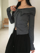Willin ストライプ ボタン スリット オフショルダー T シャツ