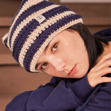 Square Label Stripe Crochet Beanie / Navy