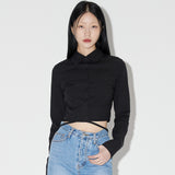 Crop Lace-Up Ribbon Shirt [BLACK] (6618554859638)
