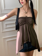 Roffin brown halter beaded shirring unbalanced tube top