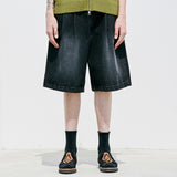 ウォッシュデニムバルミューダパンツ / 2 TUCK WASHED DENIM BERMUDA PANTS BLACK