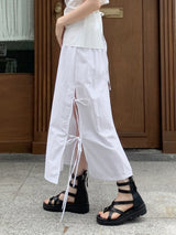 サイドリボンストラップ サイドリボンナイロンロングスカート /Loding side ribbon strap side-slit nylon long skirt
