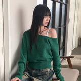 Rechel カシミアウール アンカットディープ U ネック オフショルダー クロップ長袖ニット
