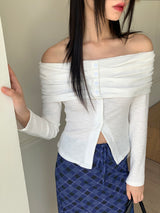 イクストライプボタンスリットオフショルダー長袖Tシャツ