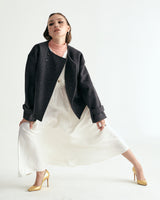 V-NECK CREASE SHIRRING ONEPIECE - IVORY (6635995725942)