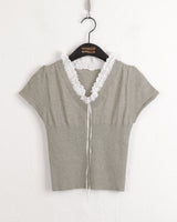 Chetshire y2k lace ribbon string V-neck short sleeve knit