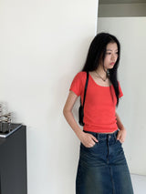Dear Basic Ribbed Square Neck Short Sleeve T-shirt