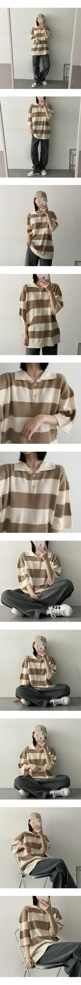 ムーンストライプボタンカラーニットウェア / Moon's Striped Button Collar Knitwear