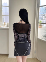 カーブストリングラインミニスカート/882. Curved string line mini sk (2color)
