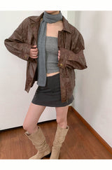 Collar boxy round leather jacket