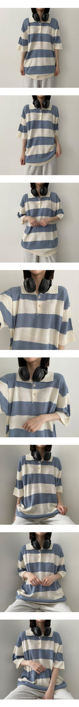 ムーンストライプボタンカラーニットウェア / Moon's Striped Button Collar Knitwear