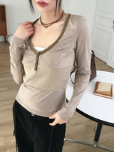Zenki ビンテージボタンリブスリムVネックTシャツ