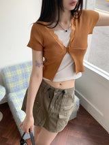 コシットレースボタンVネッククロップド半袖カーディガン / Cosit lace button V-neck cropped short-sleeved cardigan