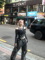 グランジウォッシングオフショルダークロップ2wayジップアップ
