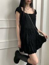 ウィロンシフォンキャップスリーブボタンプリーツフレアミニワンピース / Willon Chiffon Cap Sleeve Button Pleated Flare Mini One Piece